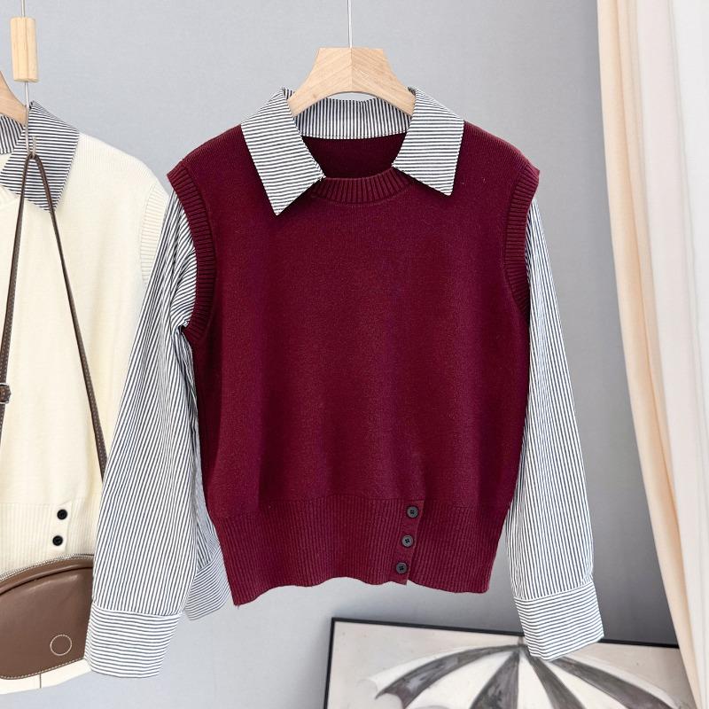 Splicing shirt long-sleeved knitted sweater women's autumn new wear fake two-piece casual top