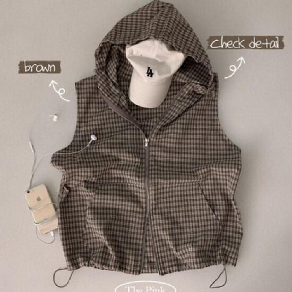 The Pink Check Anorak Hood String Zip Up Vest
