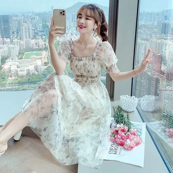 [Workmanship] Floral dress women's 2026 summer bubble sleeves close waist and look thin temperament gentle style skirt