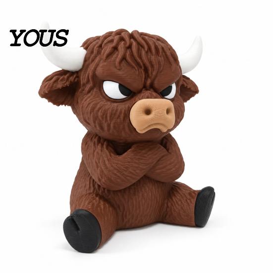 Trendy Animal Figurine 3D Printed Angry Highland Cow Figurine, Cute Attitude Desktop Cool Office Accessories Ornament, Sitting Statue for Home