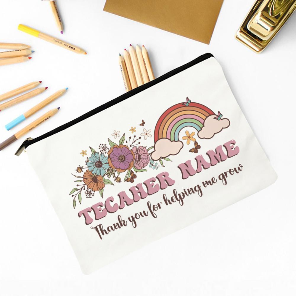 Thank You for Helping Me Grow Custom Name Makeup Bag Personalised Pencil Bags Travel Toiletries Storage Pouch Gifts for Teacher