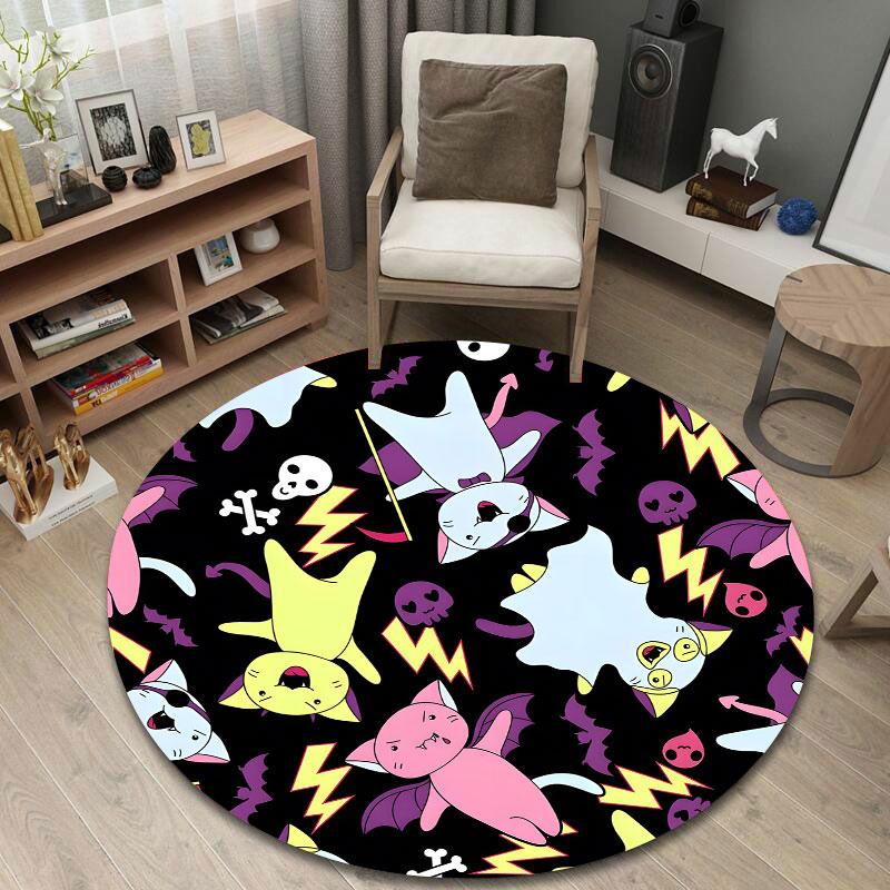 Halloween Cats A Pattern of Bat-Winged Cats and Skulls Round Rug, Purple Black Halloween Style Design, Soft Non-Slip Washable Area Mat