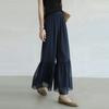 Women Elastic Waist Chiffon Ruffle Hem Wide Leg Cropped Pants Layered Flowy Sheer Capri Trousers Lightweight Summer Daily Office Casual Pants