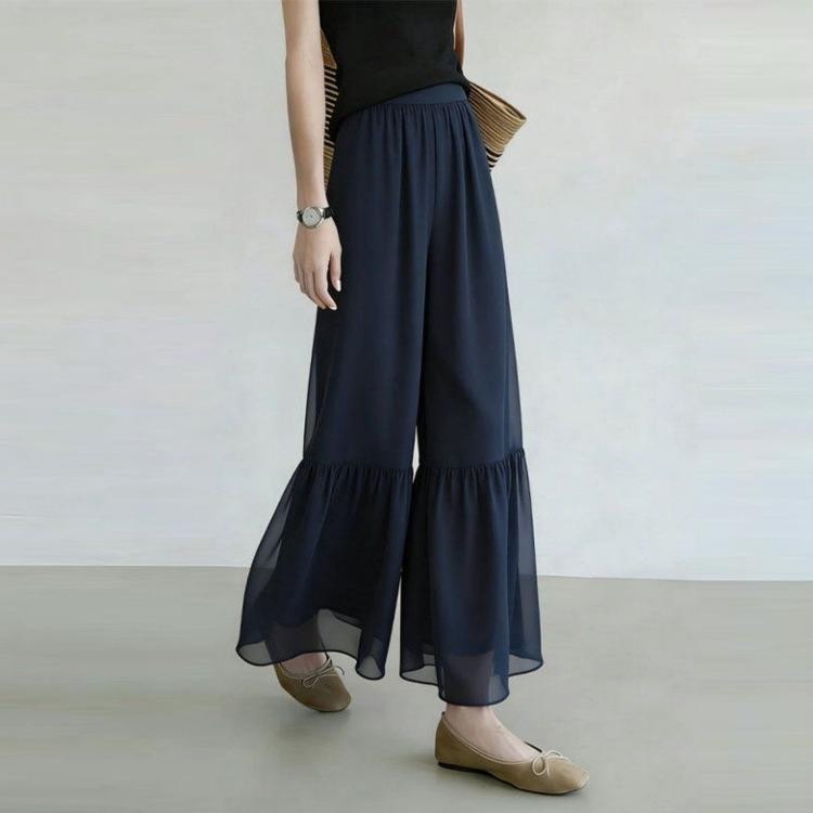 Women Elastic Waist Chiffon Ruffle Hem Wide Leg Cropped Pants Layered Flowy Sheer Capri Trousers Lightweight Summer Daily Office Casual Pants