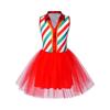 Kids Girls Christmas Costume Tulle Tutu Dress Candy Stripe Sleeveless Metallic Collar for Stage Performance Theme Party Holiday
