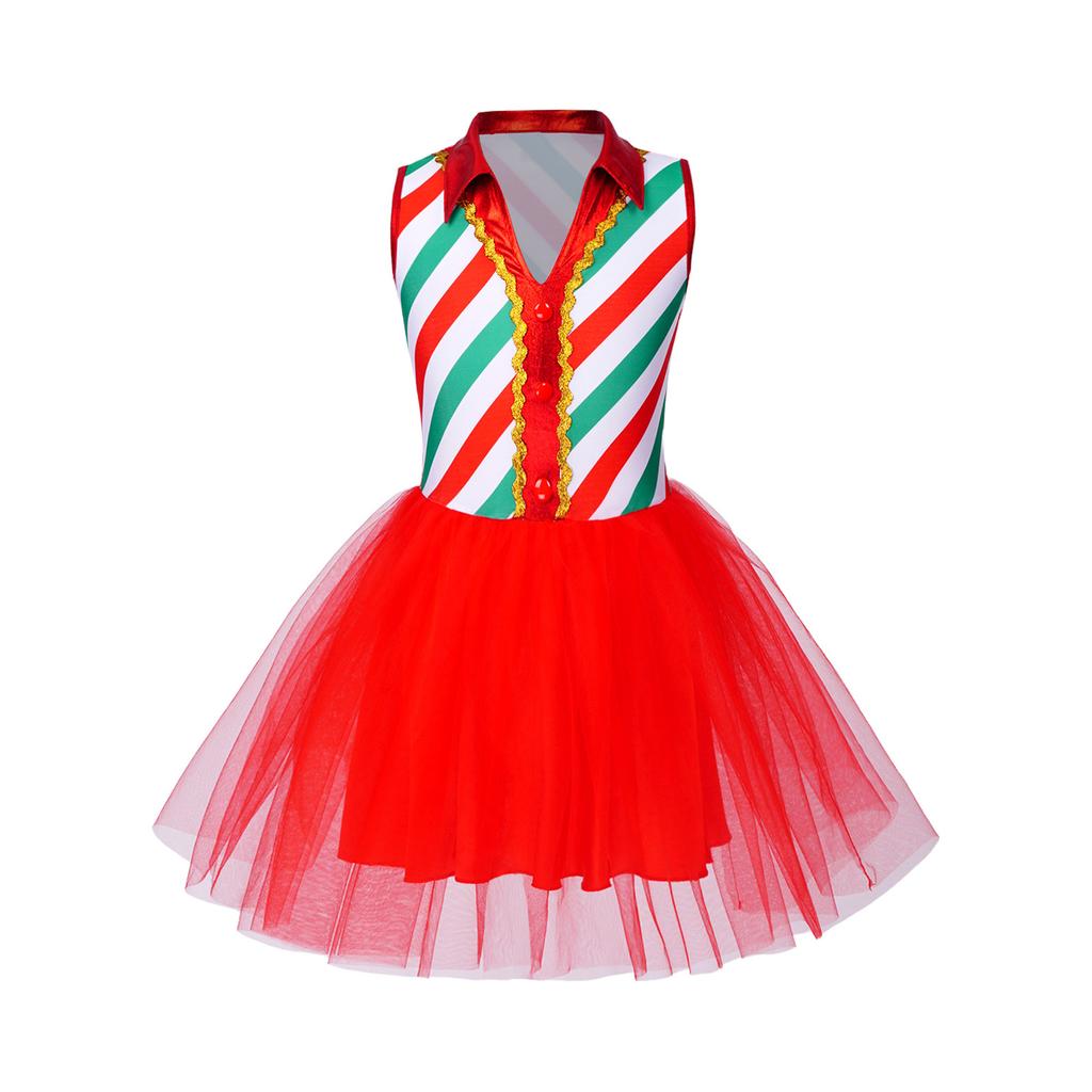 Kids Girls Christmas Costume Tulle Tutu Dress Candy Stripe Sleeveless Metallic Collar for Stage Performance Theme Party Holiday