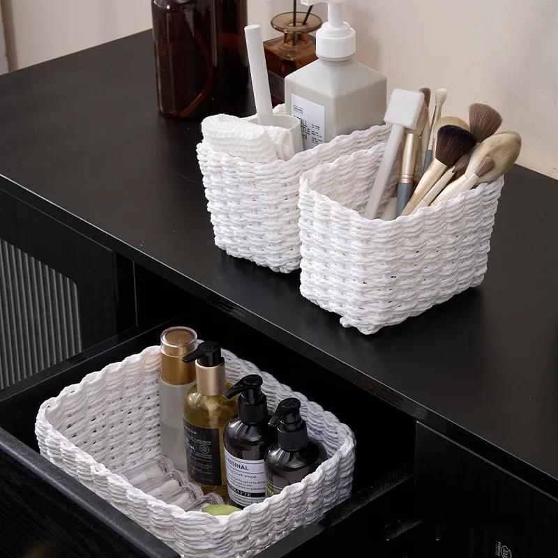 3pcs Handmade Straw Woven Soft Round Paper Rope Storage Basket for Organizing Decorative Storage Bins Office Storage Box