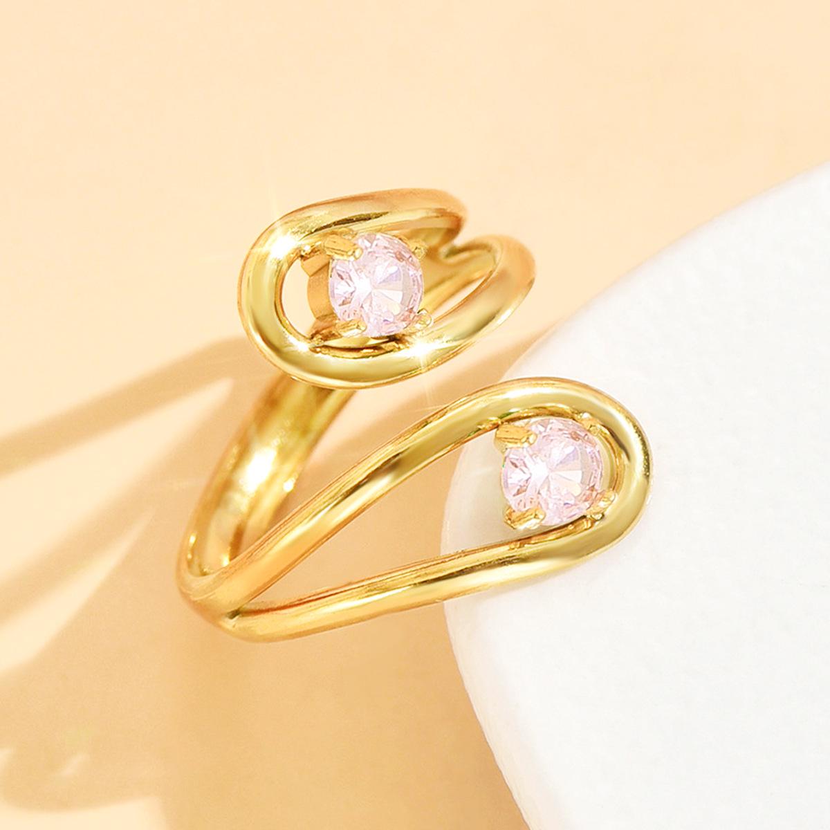 Fashion Stainless Steel Geometric Hollow Zircon Adjustable Ring - Multi-color Options