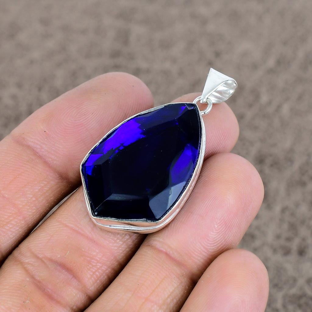 Blue Topaz Gemstone Handmade 925 Sterling Silver Jewelry Pendant 1.77" KKG-72