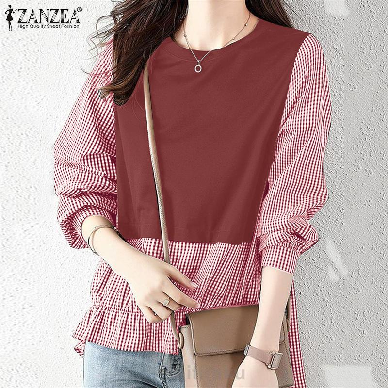 ZANZEA Women Casual Round Neck Plaid Print Long Sleeve Blouse