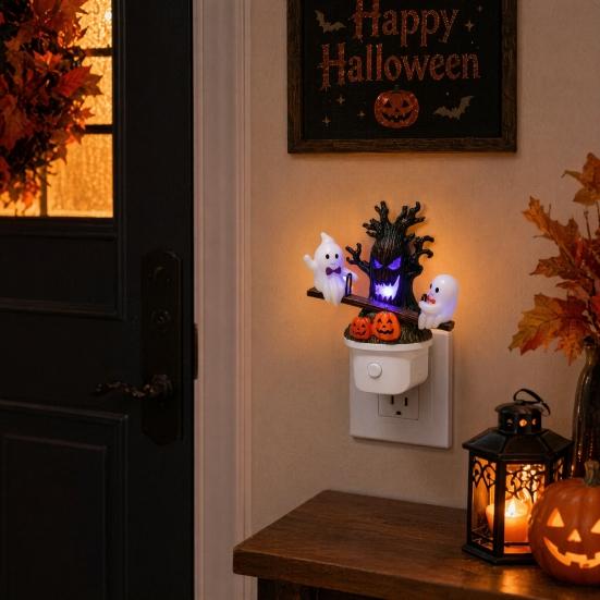 DYS Animated Seesaw Ghosts Night Light, Halloween Plug-in Lamp with Moving Figurines, Spooky Glowing Decor for Kids Room, Party