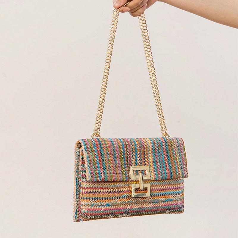 Bags Women'S Vacation Wind Multi-Compartment Chain Flip Lock Straw Bag Shoulder Bag Women'S Bag