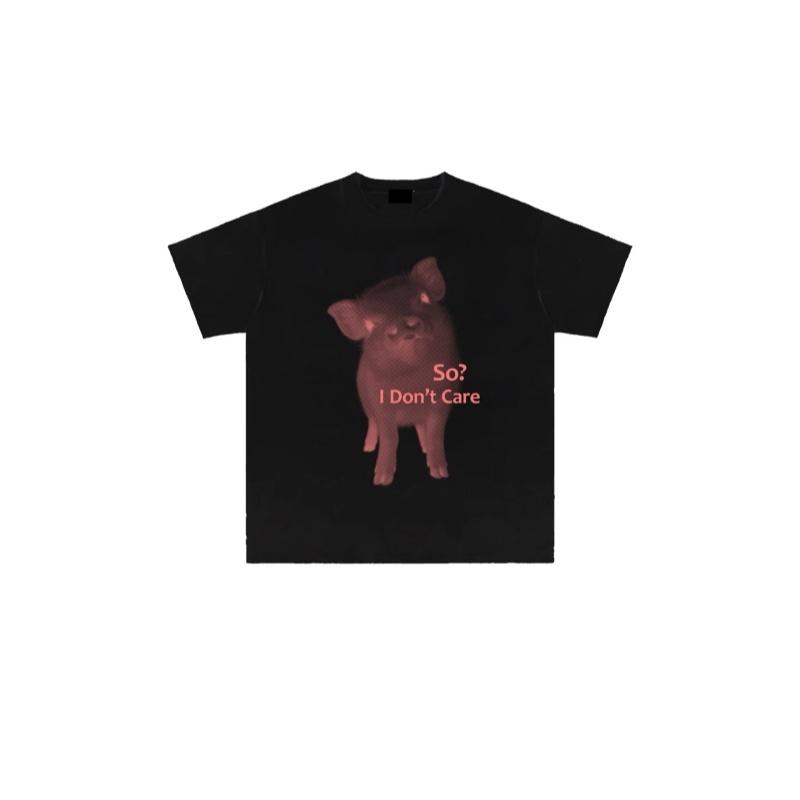 Zazomde Fashion Funny Print Tshirt Aesthetic Pink Pig Pattern Letter Slogan Short Sleeve Shirts Oversized Hip Hop Street Tees
