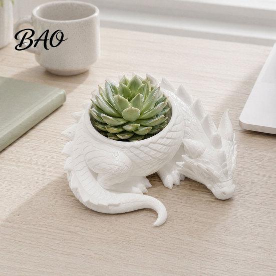 Detailed Dragon Sculpture Pot 3D Printed Lying Flowerpot for Small Green Plants, Decorative Succulents Planter Ornament, Dark Style Figurine