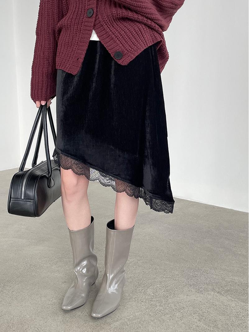 Taowuan Korean Lace Patchwork Velvet Midi Skirt with Irregular Hem - Women s Style M8690 One Size чёрный