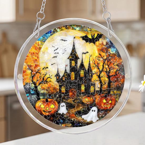 Yousheng Acrylic Puzzle Suncatcher, Halloween Black Cat Castle Raven DIY Sun Catcher Kit, Stained Glass Window Hanging Ornament for Home, Garden