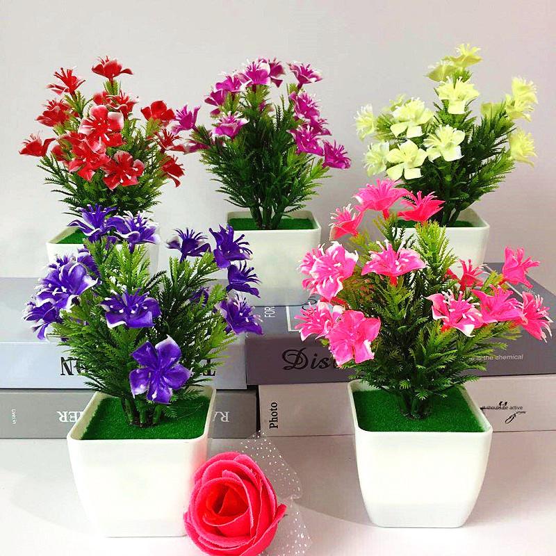 Plastic Lily Cherry Blossom Rose Flowers Potted Plant For Decor Home