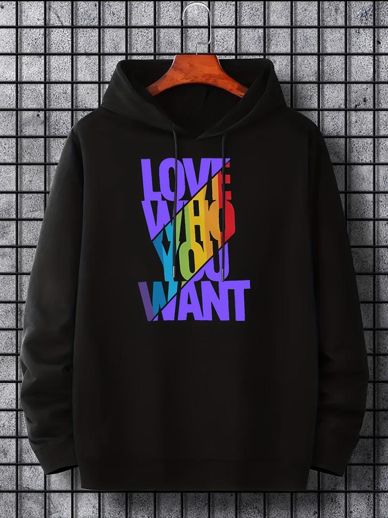 Creative ' Love Who You Want ' Rainbow Slogan Print Hoodie