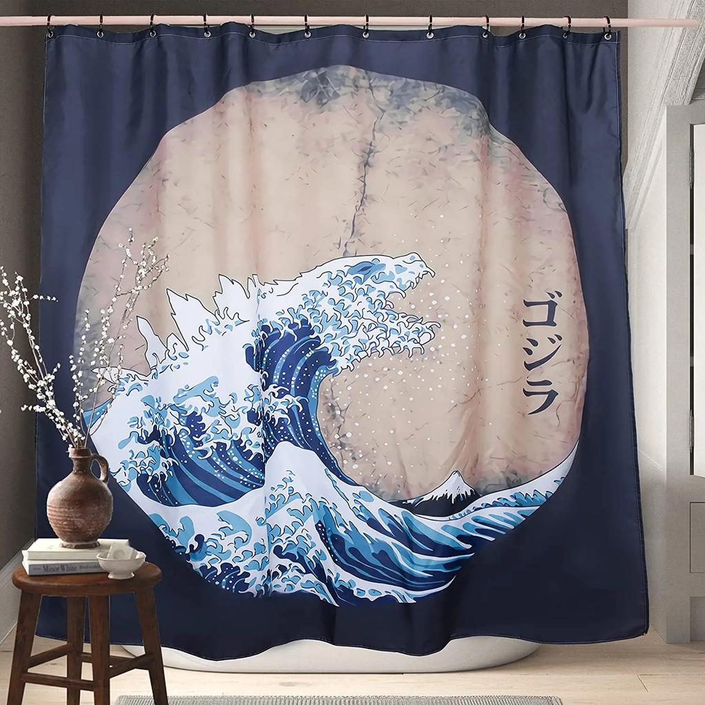 JY01Funny Cat Octopus Japanese Anime Kraken Monster Hokusai The Great Waves Kanagawa Antique Ocean Scenery Shower Curtain