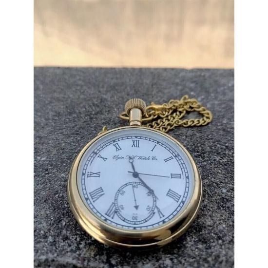 Vintage Antique Engraved Brass Elgin Pocket Watch W/ Chain Gift Nautical Marine