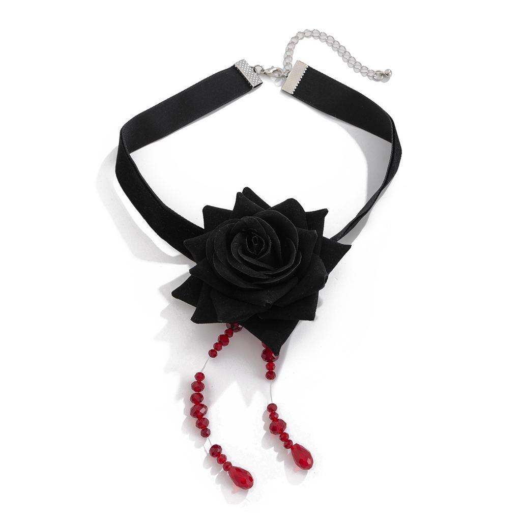 Sweet Cool Gothic Fabric Rose Flower Choker Collar Creative Blood Dripping Crystal Fringed Necklace