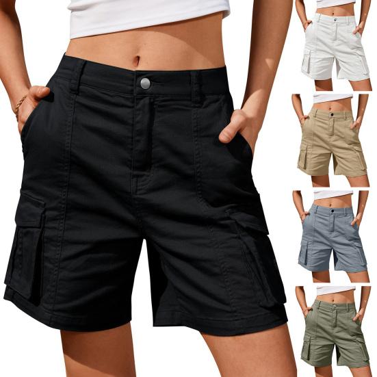 Women Shorts High Waist Wide Leg Knee Length Button Zipper Fly Pure Color Elastic Waist Multi Pockets Deep Crotch Loose Thin Quick Dry Lady Cargo