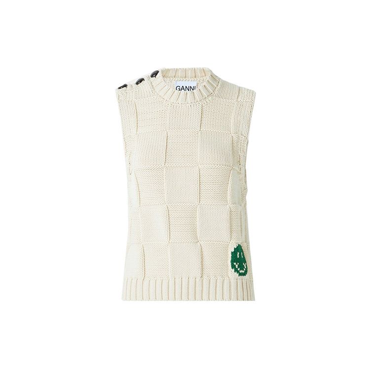 Ganni FW21 Smiley Patch Knit Vest Round Neck Women tops Beige JVM1610598385149