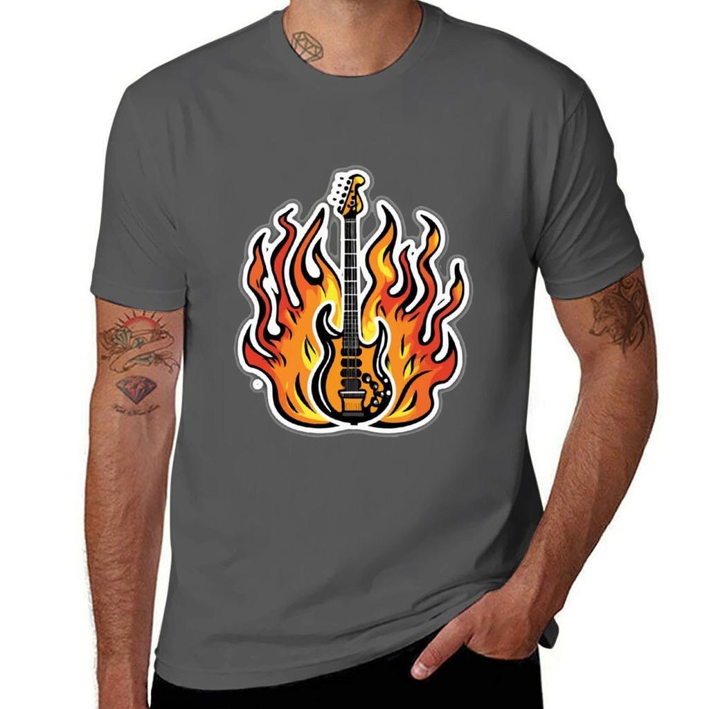 Fiery Bass Guitar Inferno Tshirt Plus Size Outdoor Casual Top