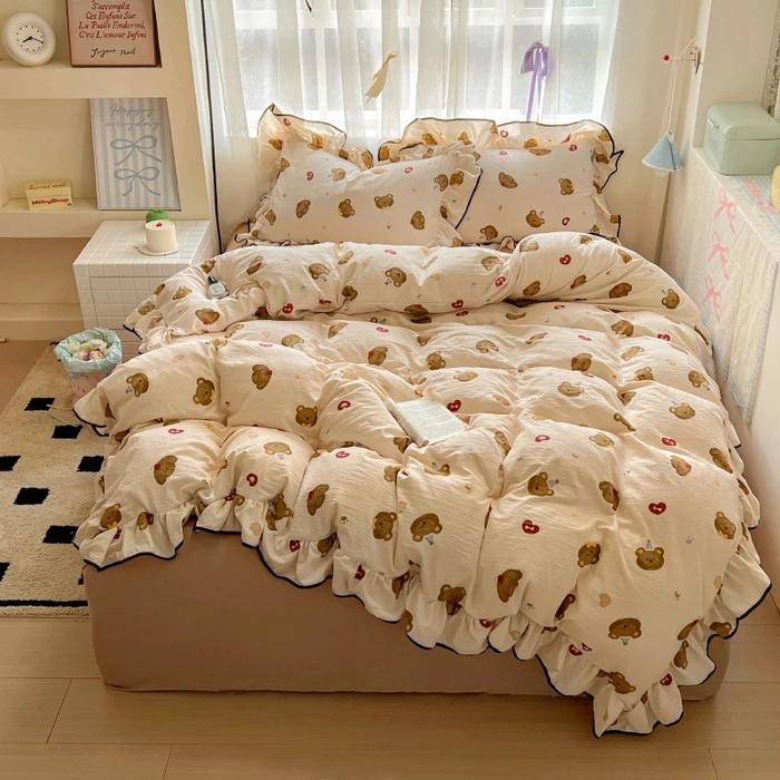 2025 New Cream Lace Girl Powder Grid Korean Version Bed 4-piece Set Washed Cotton Double-layer Yarn Quilt Cover Dormitory
