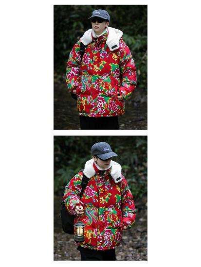 A1 Hanfu Team Uniform: Warm Couple's Lambswool Coat with Detachable Hood, Chinese Style, Cold-Protection, Big Flower Design.