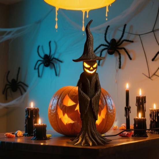 Handmade Resin Stump Witch Statue Lamp with LED Night Light Glowing Gothic Spooky Atmosphere Halloween Decor