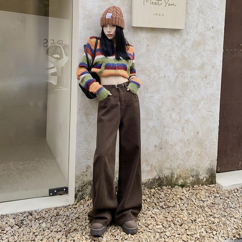 Maillard Women's Retro Brown Wide-Leg High-Waist Jeans, Plus Size, Floor-Length, Spring/Autumn 2025