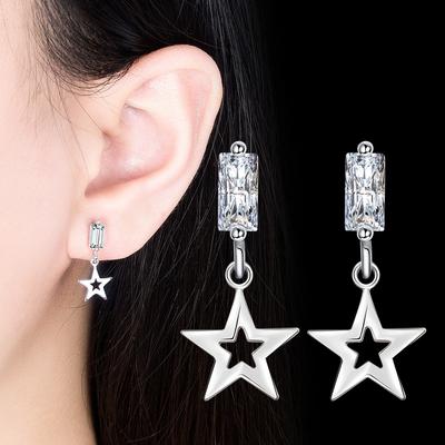 Small Fresh and Sweet Pentagram Fringed Rectangular Zircon Stud Earrings, Female