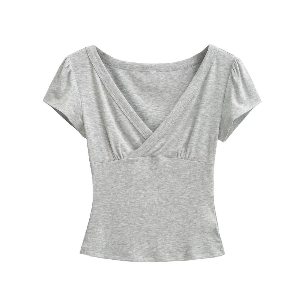 Summer New Spice Girl Style Solid Color Dark V-neck Slim-fitting Cross-elastic Short Slim Short-sleeved Bottoming Shirt T-shirt