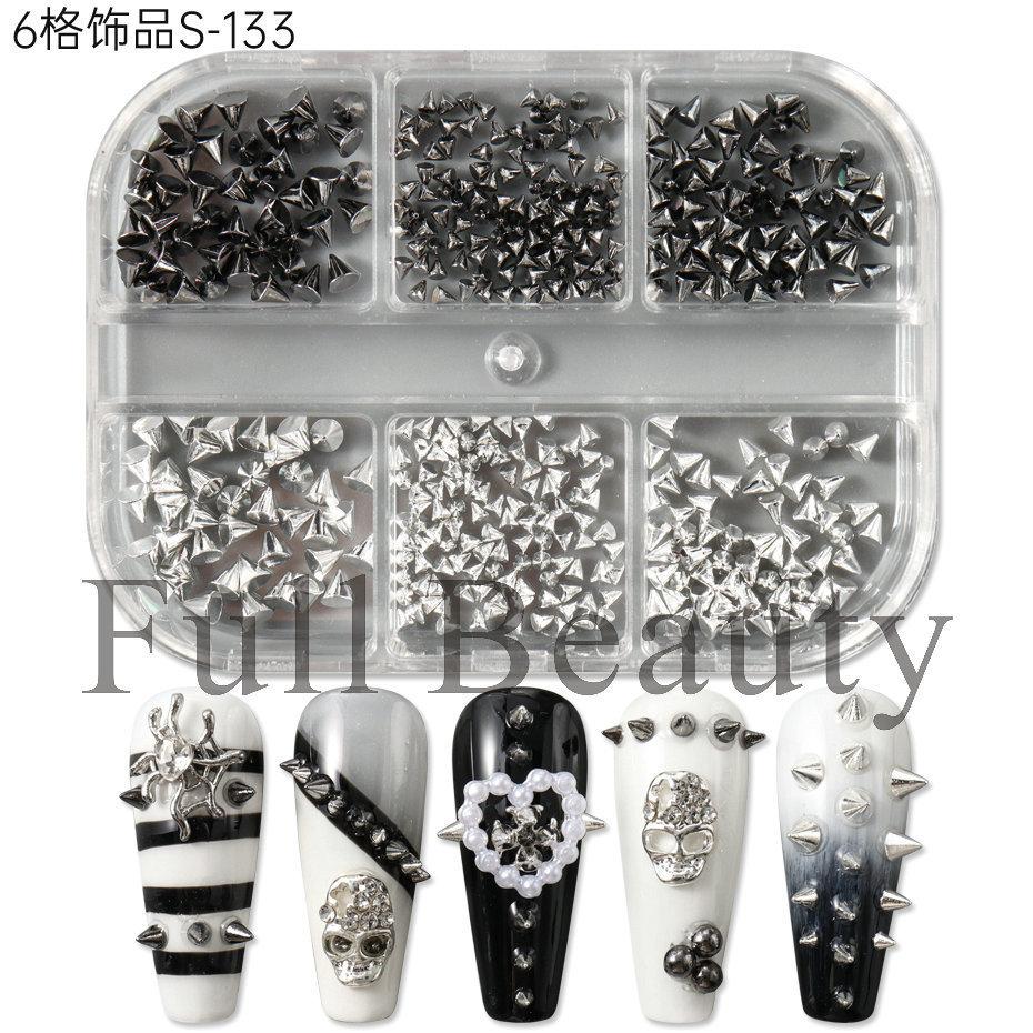 Nail Art Jewelry 6-Grid Box Black Silver Gold Square Rivet Punk Nail Jewelry