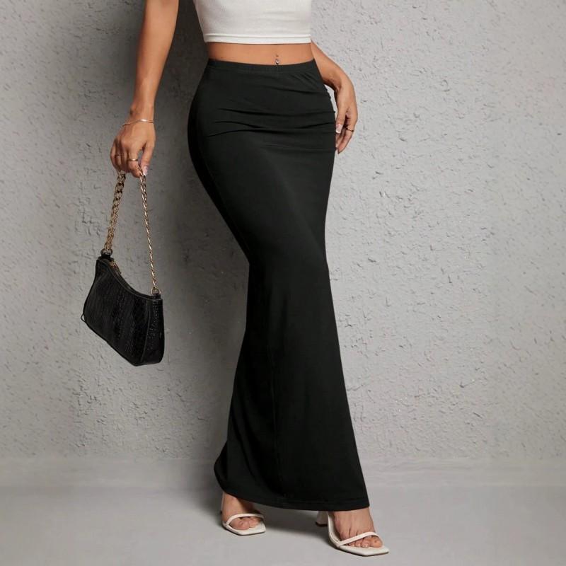 Womens High Waist Solid Color Slit Midi Skirt Slim Fit A Line Daily Wear