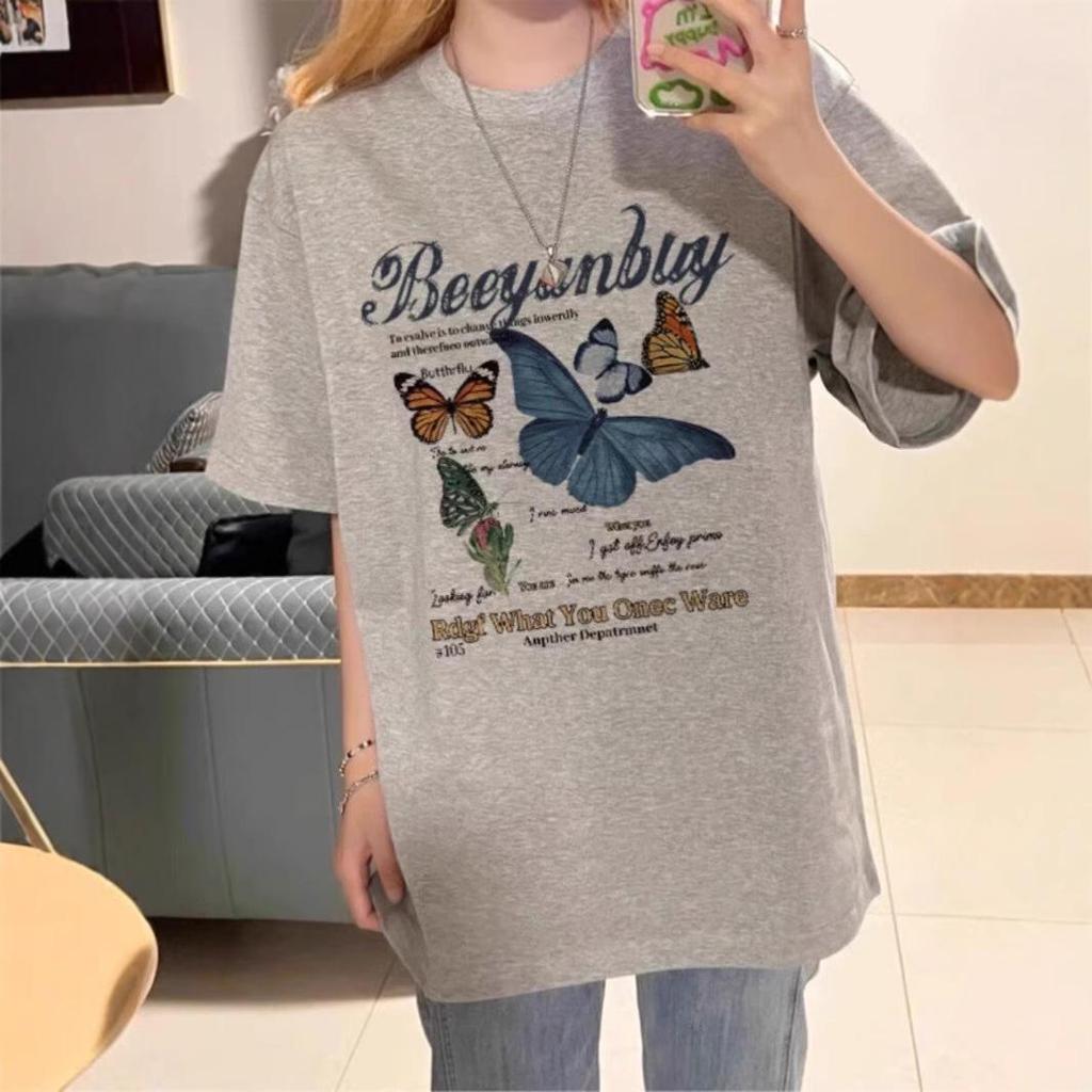 Women's Loose-Fit Butterfly Retro Crew Neck T-Shirt, Summer 2025 Trend