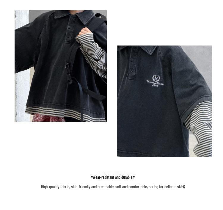 Children's Spring/Autumn Trendy Spliced Long Sleeve Polo Shirt - Casual Loose Korean Style Fake Two-Piece Pullover.