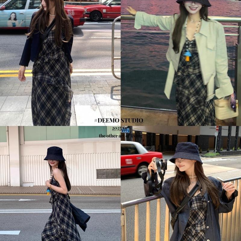 [] French Retro Plaid Suspender Women's Summer New Design Sense Niche Waist Temperament Long Skirt