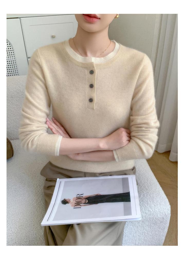 Women's Color Block Cashmere Sweater - Round Neck, Buttoned, Loose Fit, Long Sleeve, Autumn/Winter Collection