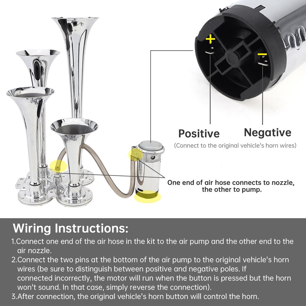 12V 185dB Four Trumpet Air Horn with Compressor - Silvery Musical Sound for Trucks / Cars