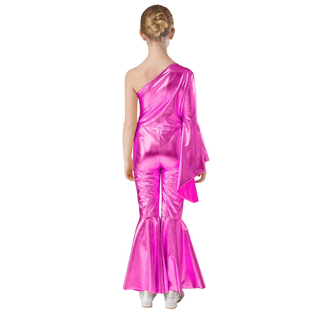 Mädchen Metallic Glänzend Schlaghose Jumpsuit Ein Schulter Schlagärmel Tanzkostüm für Karnevalsparty