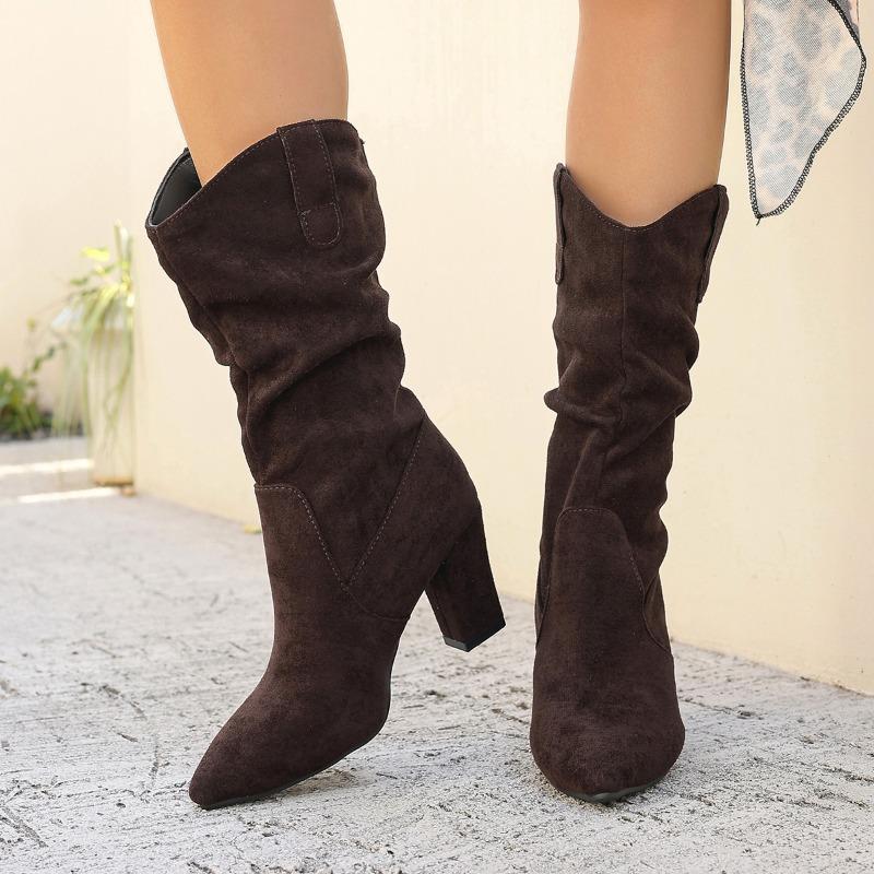 Fashion New Style Pointed Toe Pleated Boots for Women Winter Chunky Heels Flock Folding Knee High Boots Comfy Women Shoes Big Size 42