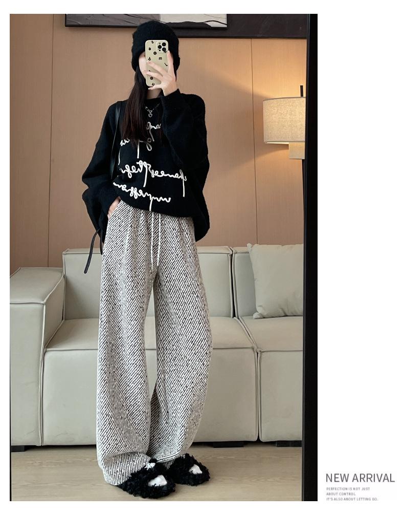 Women's Striped Wide-Leg Wool Pants, Spring/Autumn 2025: Loose, Casual, Drapey Twill with Silver Thread Detailing.
