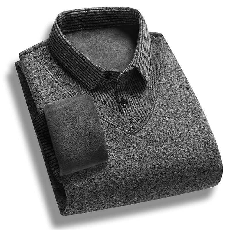 Thermal Mens Cardigan Winter Warm Pullovers Collar Fake Two Piece Knitwear Dad Gift Thick Warm Male Clothing Casual Pullovers