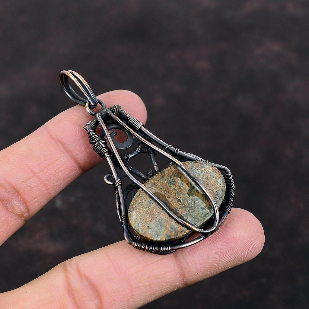 Spessartin Granat in Kalkstein Anhänger Kupferdraht gewickelt Anhänger Handarbeit Schmuck Original Edelstein Anhänger Kupferdraht Schmuck als Geschenk