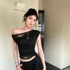French Lace Off-shoulder Waist and Thin T-shirt Women's Summer New Design Sense Chic Pleated Niche Short Top