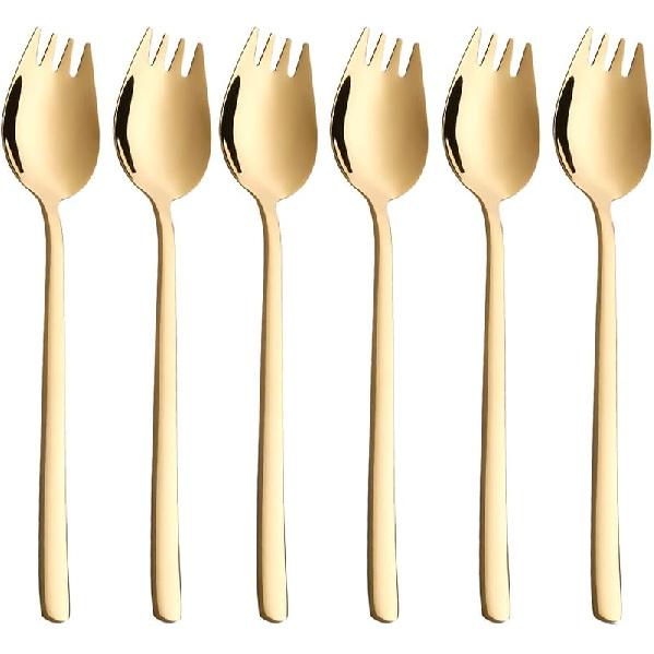 Sporks Stainless Steel Gold 6-Pack Dessert Salad Flatware Set 7.5 Inch Spoons Salad Forks