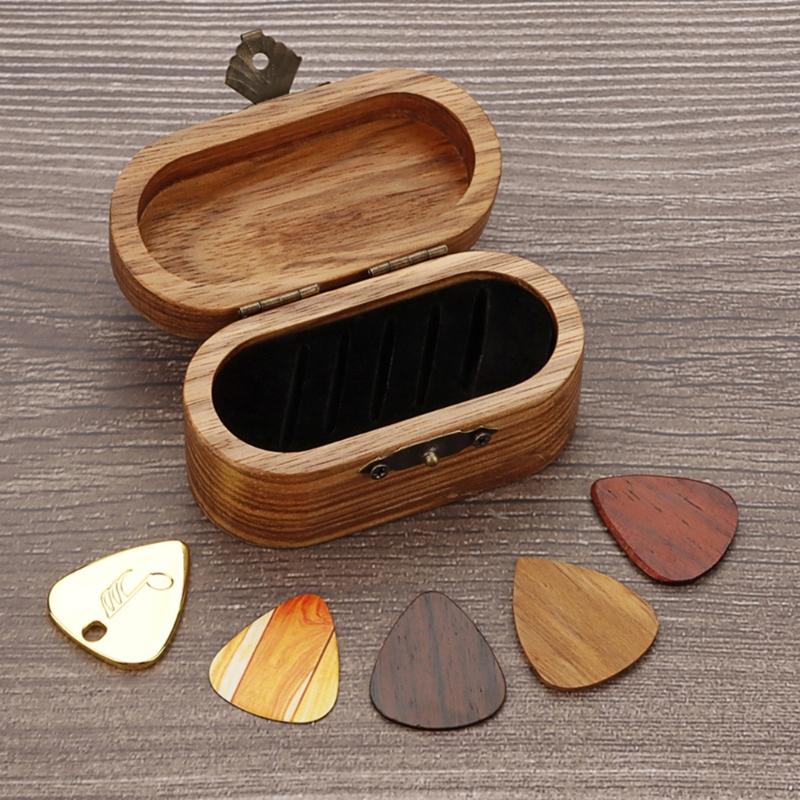 Wood Guitar Pick Storage Box Container Portable Guitar Pick Box Holder Collector with 5 Guitar Pick Gift for Guitarist