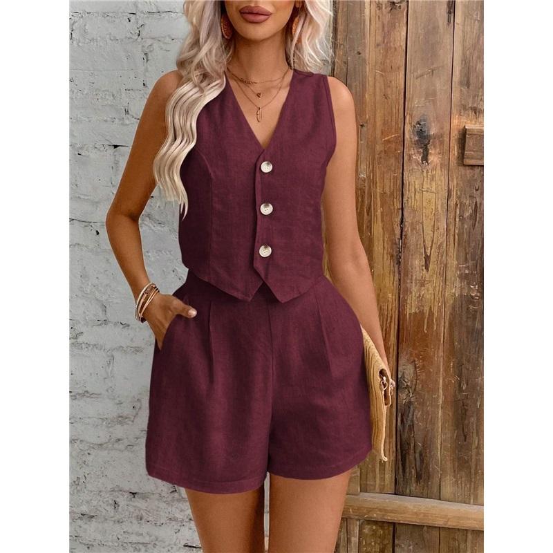 Women 2 Piece Outfit V Neck Sleeveless Button Vest High Waist Pocket Shorts Summer Linen Suit